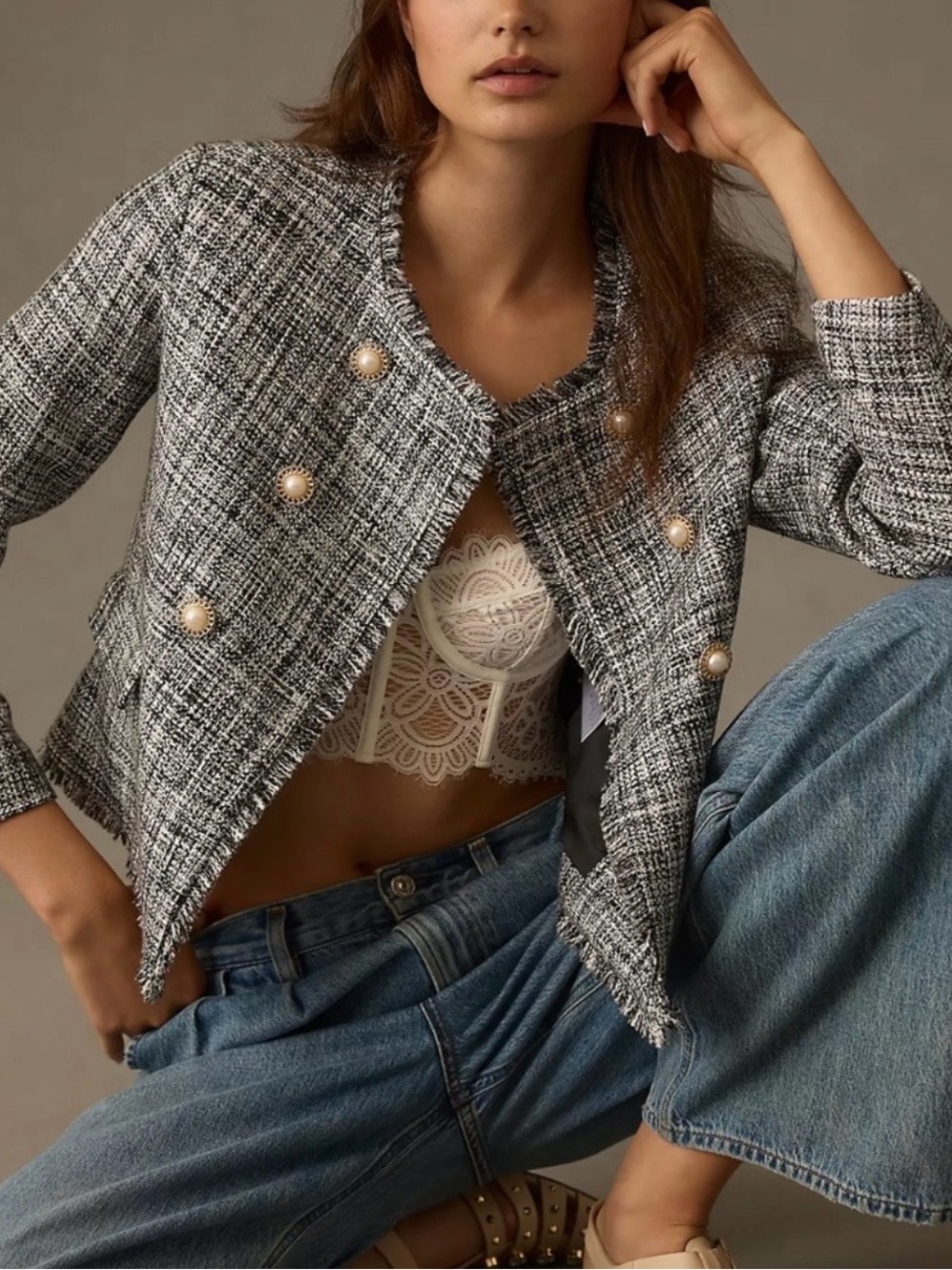 Maeve Black & White Tweed Pearl-Button Cropped Jacket